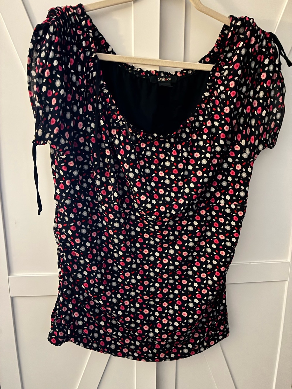 Style & Co. Black Floral Scoop Neck Top with Pink and White Accents